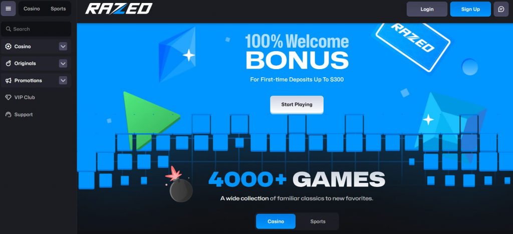 Razed Casino homepage with featured games and promotions