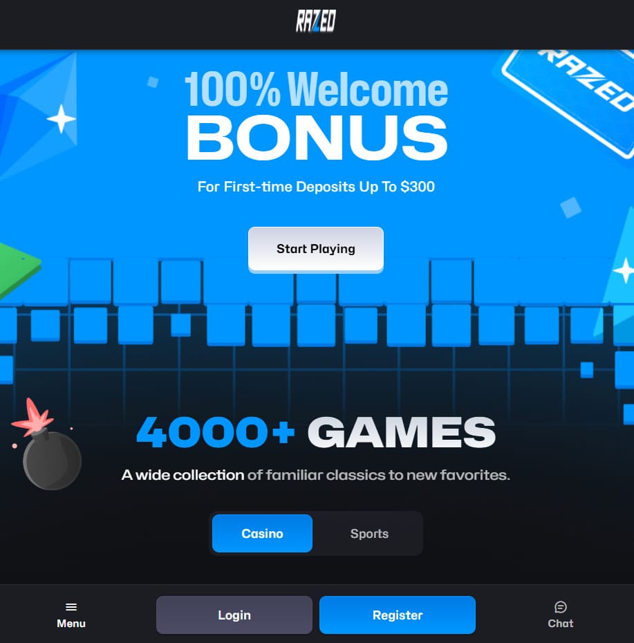 Razed Casino mobile homepage on smartphone